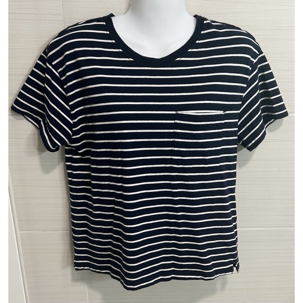 Time & Tru Navy Classic White Striped Basic Pocket Tee S, Nautical Coastal
